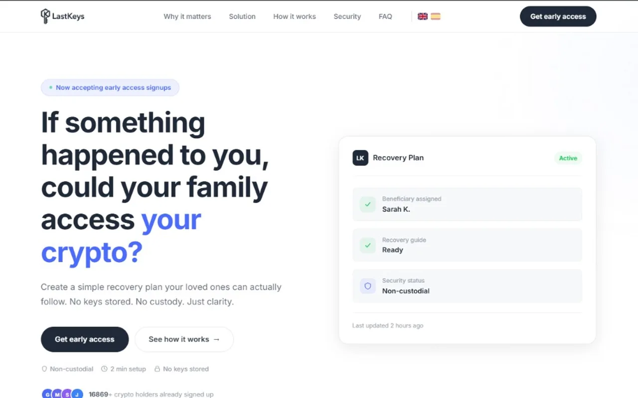 LastKeys homepage showing the recovery-plan product card with beneficiary, guide, and non-custodial status.