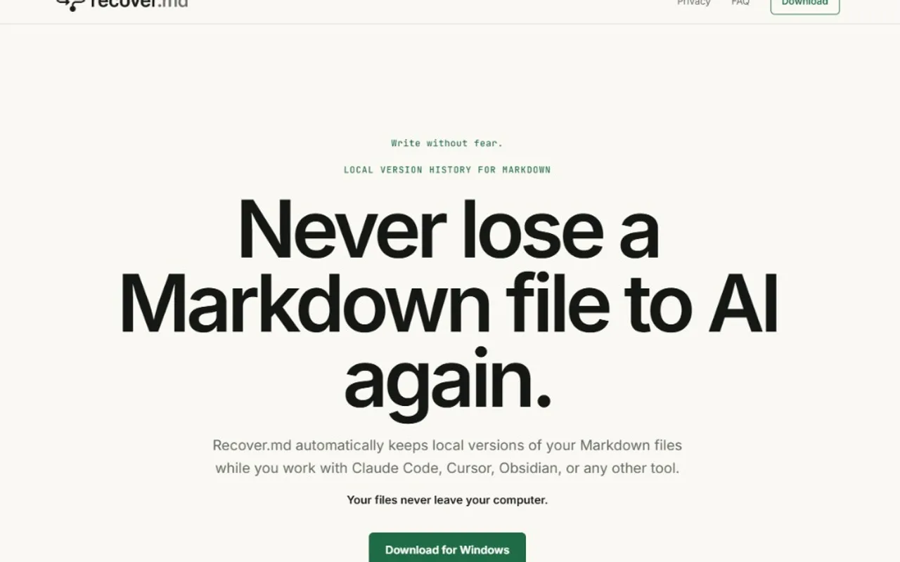 Recover.md homepage with the headline Never lose a Markdown file to AI again and a Download for Windows button.